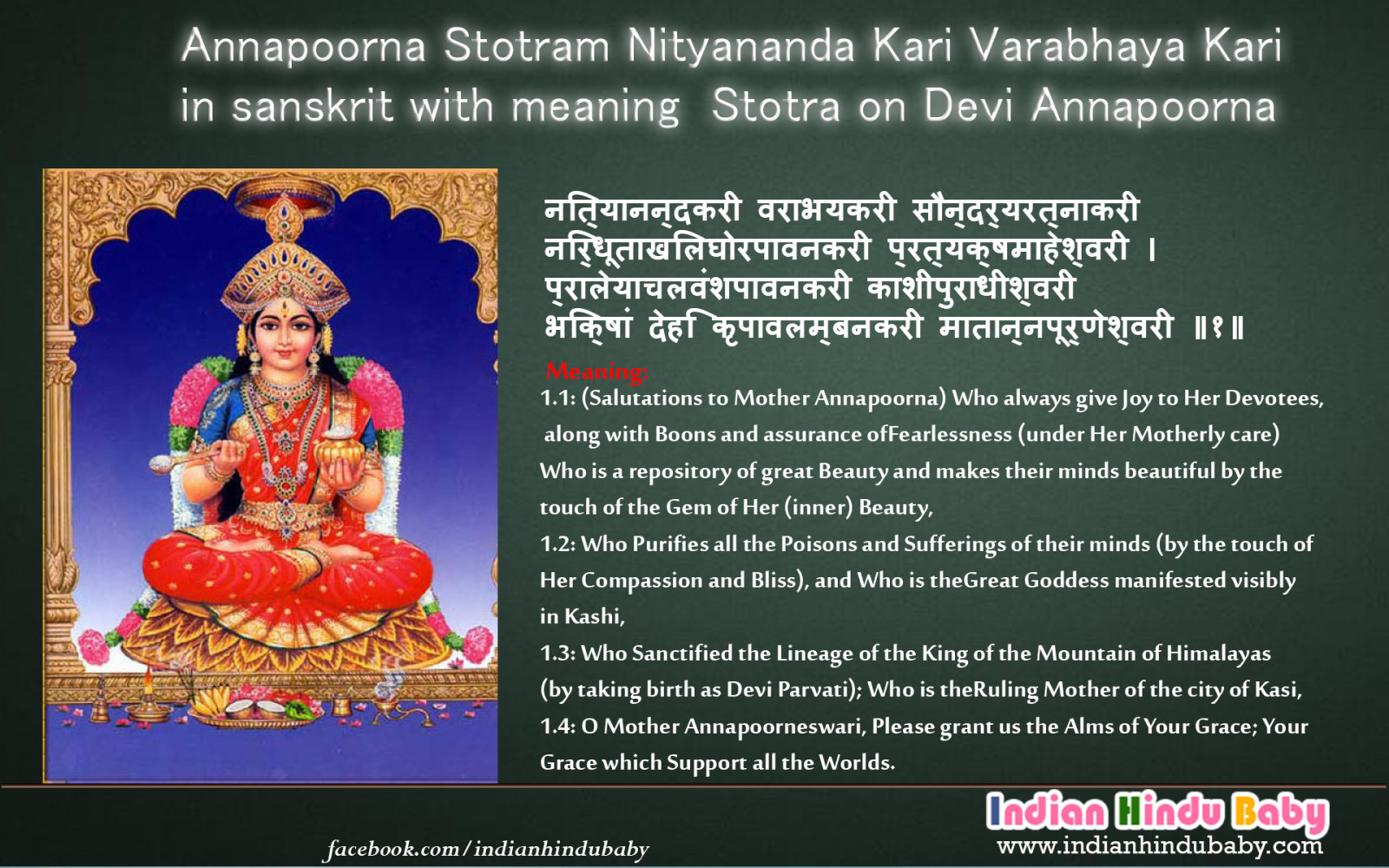 Annapoorna Stotram Nityananda Kari Varabhaya Kari In Sanskrit With Meaning Stotra On Devi Annapoorna Indian Hindu Baby